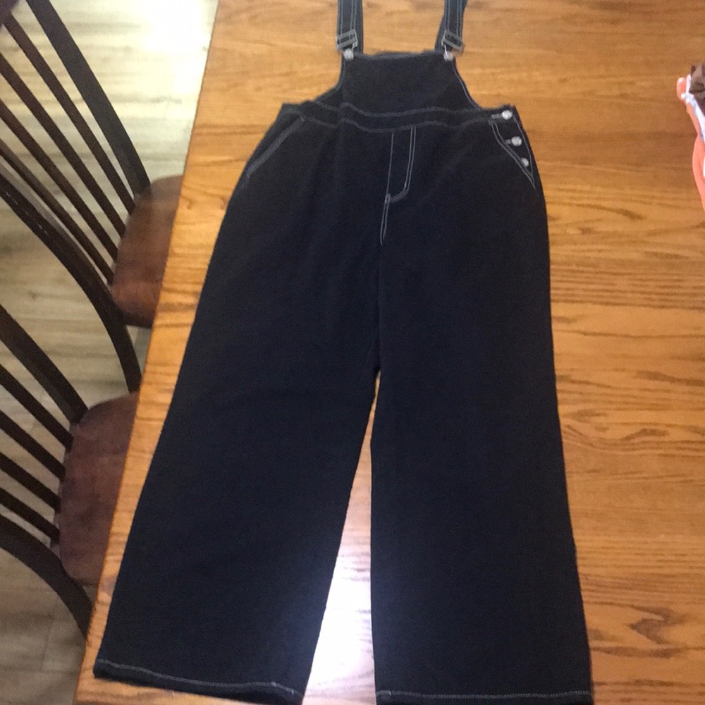 Wide Legged Black Overalls with Button Detail and White Stitching